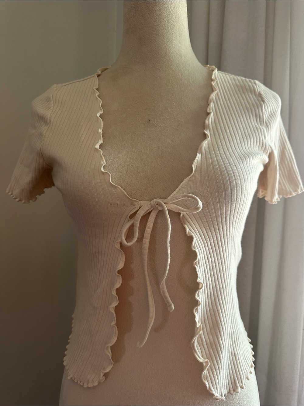 BDG for Urban Outfitters Cream Ribbed Tie-Front Lettuce-Edge Crop Top